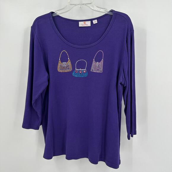 Quacker Factory Women Top Size L Purple Bedazzled Purses Artsy Statement Sparkle - Picture 1 of 7
